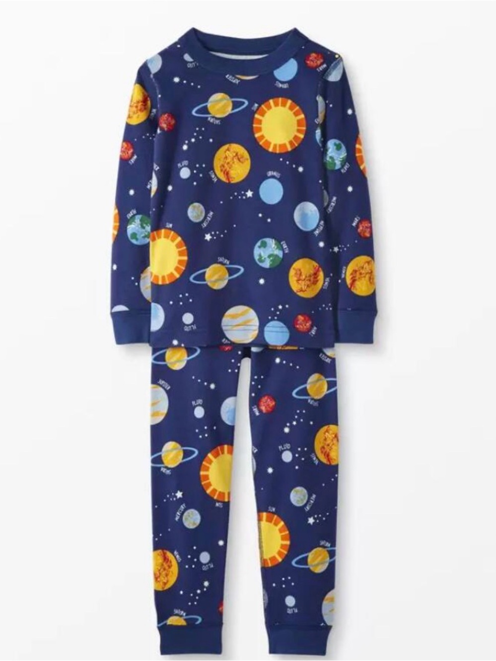 Hanna Andersson Navy Blue Space Planet Pajama Set with Yellow Sun Accents